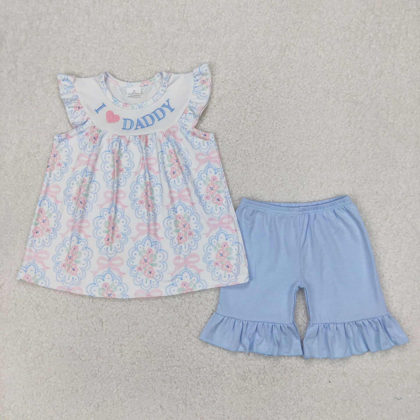 GSSO2407 I Love Daddy Embroidered Pink Blue Flower Bows Flying Sleeve Top Shorts Sets Girls Boutique Outfit 202504 RTS