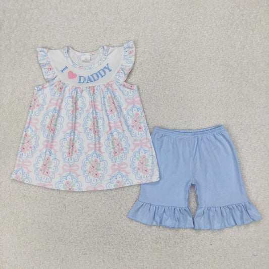 GSSO2407 I Love Daddy Embroidered Pink Blue Flower Bows Flying Sleeve Top Shorts Sets Girls Boutique Outfit 202504 RTS