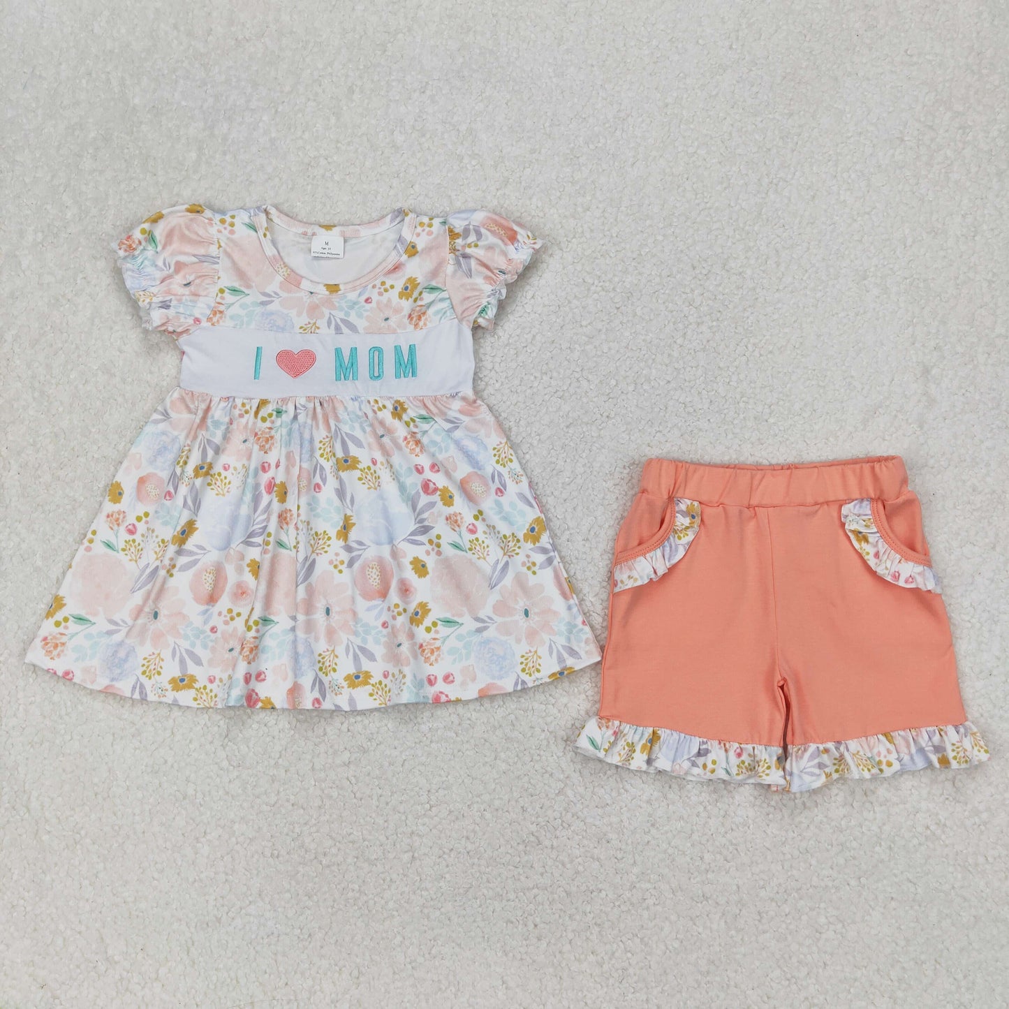 GSSO2408 I Love Mom Embroidered Orange Flower Short Sleeve Shorts Sets Girls Boutique Outfit 202504 RTS