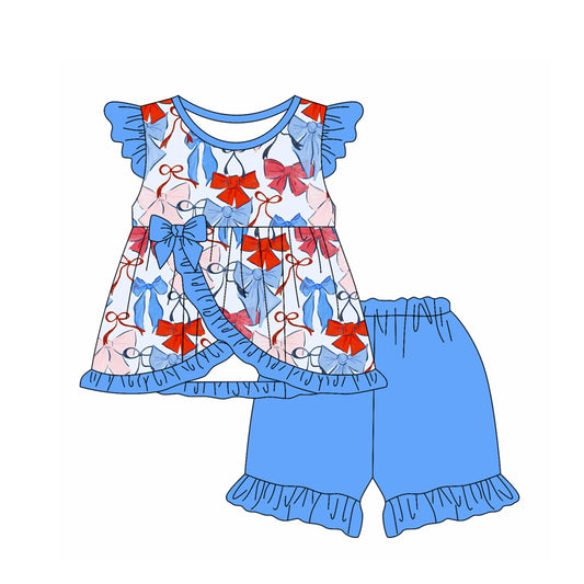 preorder GSSO2409 4th of July Blue Red Bows Ruffle Fly Sleeve Shorts Sets Girls Boutique Outfit 202503