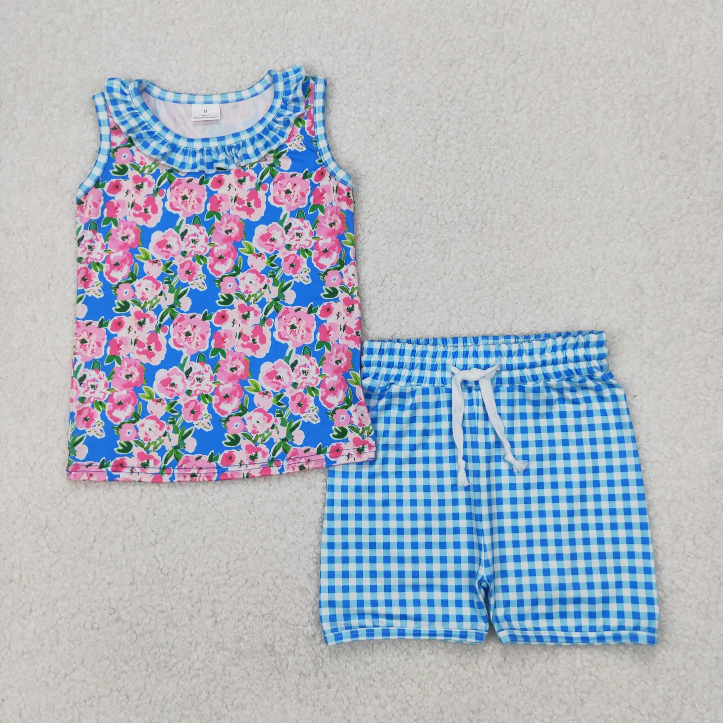 GSSO2414 Blue Flower Plaid Ruffle Sleeveless Top Shorts Set Girls Boutique outfit 202504 RTS