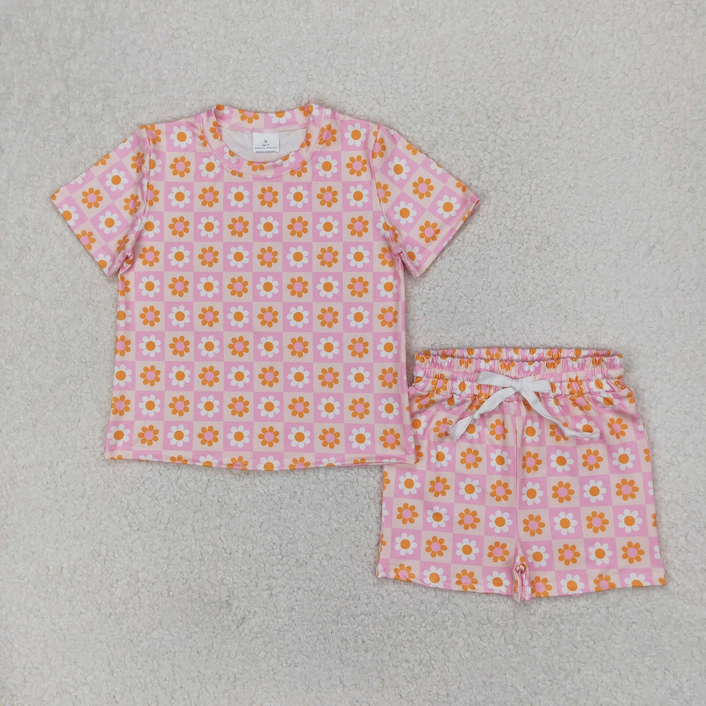 GSSO2425 Orange Pink Plaid Flower Short Sleeve Top Shorts Sets Girls Boutique Outfit 202504 RTS