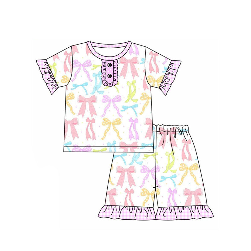 preorder GSSO2427 Pink Ruffle Bows Short Sleeve Top Shorts Pajamas Sets Girls Boutique Outfit 202503