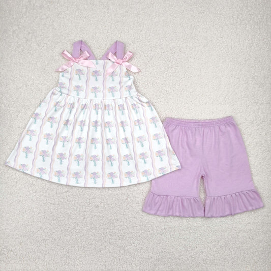 GSSO2430 Purple White Flower Striped Bows Ruffle Sleeveless Top Shorts Sets Girls Boutique Outfit 202504 RTS