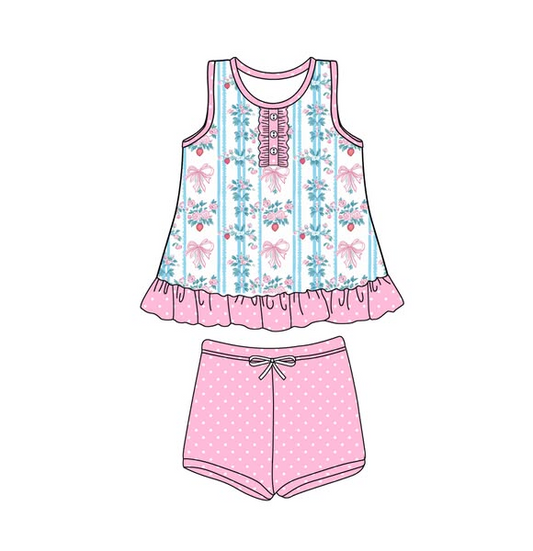 preorder GSSO2443 Blue Green Flower Bows Pink Ruffle Sleeveless Shorts Sets Girls Boutique Outfits 202504 03