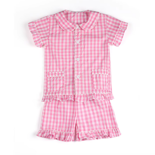 preorder GSSO2444 Pink Plaid Ruffle button Short Sleeve Shorts Pajamas Sets Girls Boutique Outfits 202504