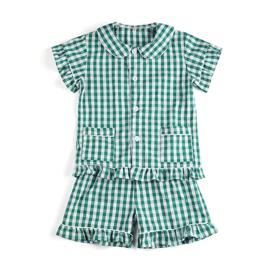 preorder GSSO2445 Green Plaid Ruffle button Short Sleeve Shorts Pajamas Sets Girls Boutique Outfits 202504
