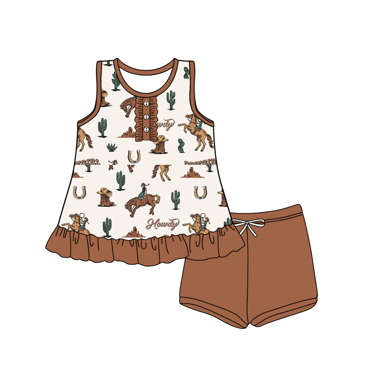 preorder GSSO2448 Cowgirls Cactus Horse Ruffle Brown Sleeveless Shorts Sets Girls Boutique Outfits 202504