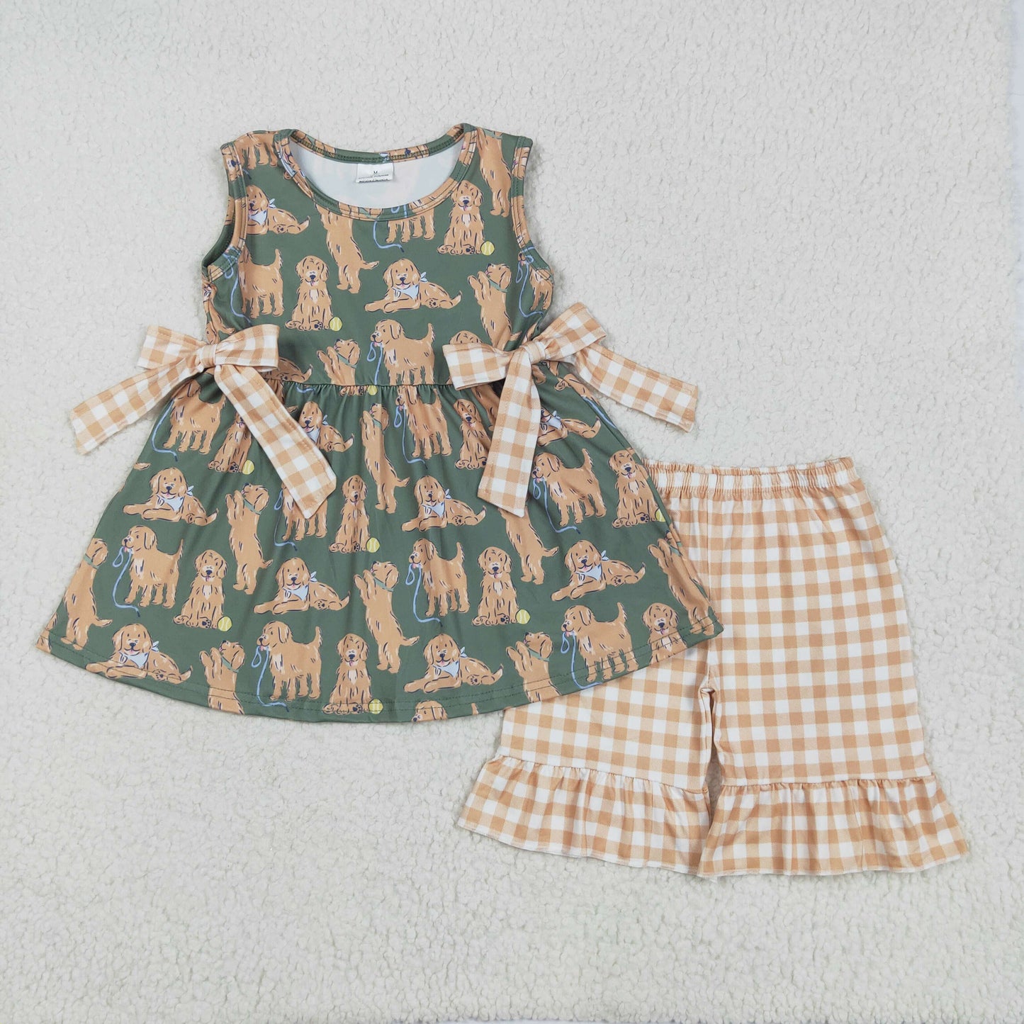 GSSO2449 Puppy Bows Green Brown Plaid Sleeveless Top Shorts Sets Girls Boutique Outfits 202505 RTS