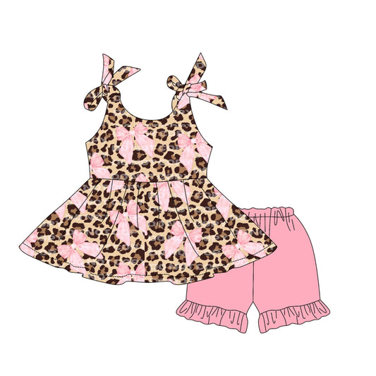 preorder GSSO2451 Pink Bows Ruffle Brown Leopard Sleeveless Top Shorts Sets Girls Boutique Outfits 202503