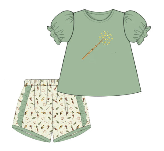 preorder GSSO2458 Harry Potter magic wand Green Short Sleeve Top Ruffle Shorts Sets Girls Boutique Outfits 202503