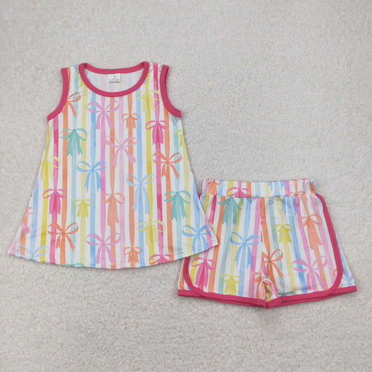 GSSO2465 Colored Stripe Bows Sleeveless Top Shorts Sets Girls Boutique Outfit 202504 RTS