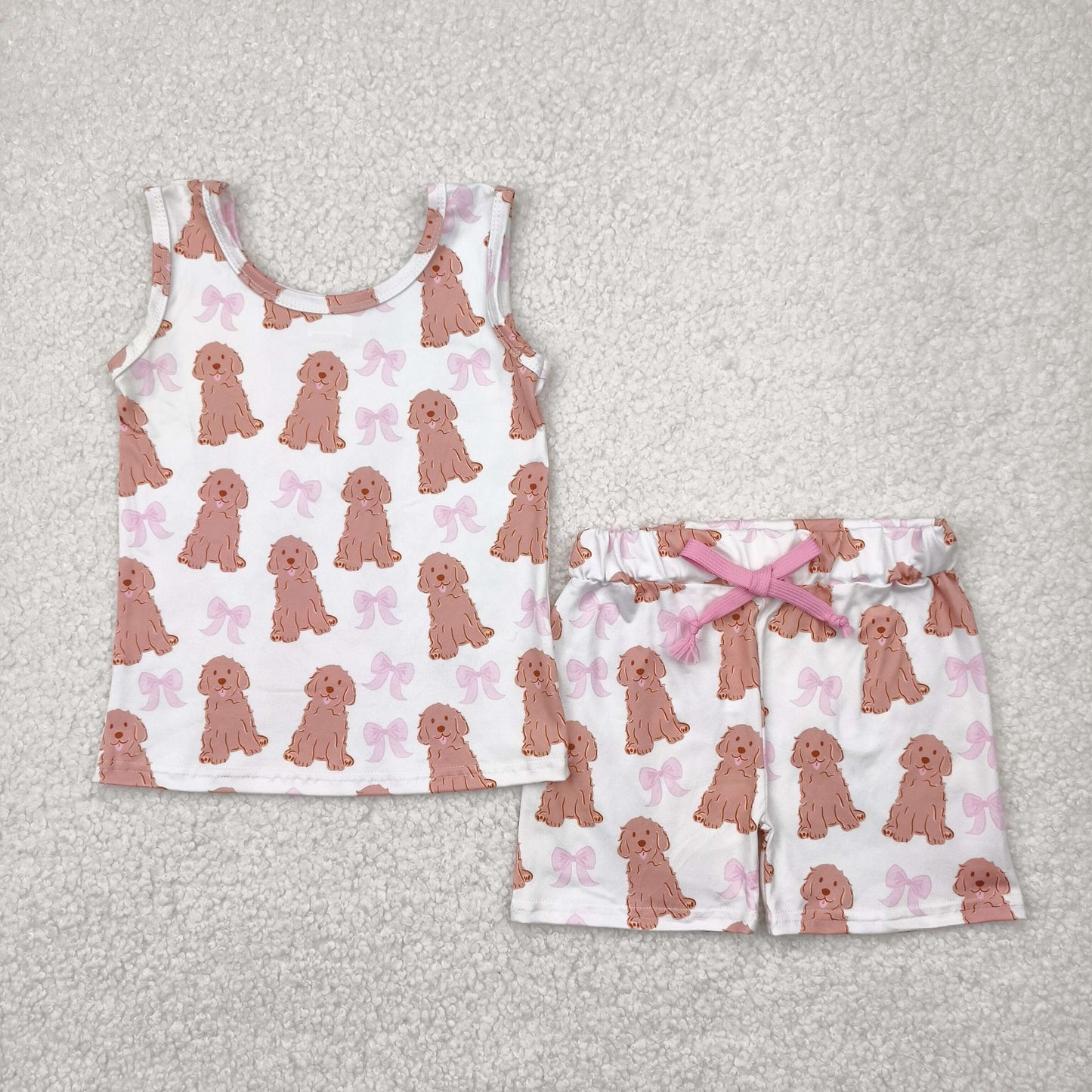 GSSO2475 puppy pink bows white sleeveless top shorts sets girls boutique outfits 202504 RTS