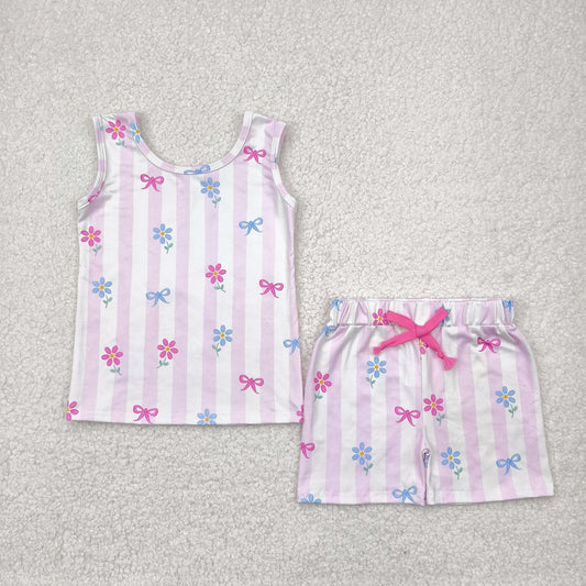 GSSO2476 pink blue striped flower bows sleeveless top shorts sets girls boutique outfits 202504 RTS