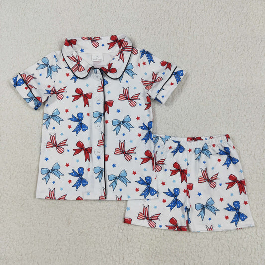 GSSO2484 4th of july blue red star bows white button short sleeve top shorts pajamas sets girls boutique outfits 202505 RTS