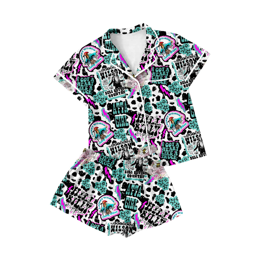 preorder GSSO2486 Women Wilson Blue Green Lightning Cow Button Short sleeve Top shorts pajamas set boutique outfit 202503