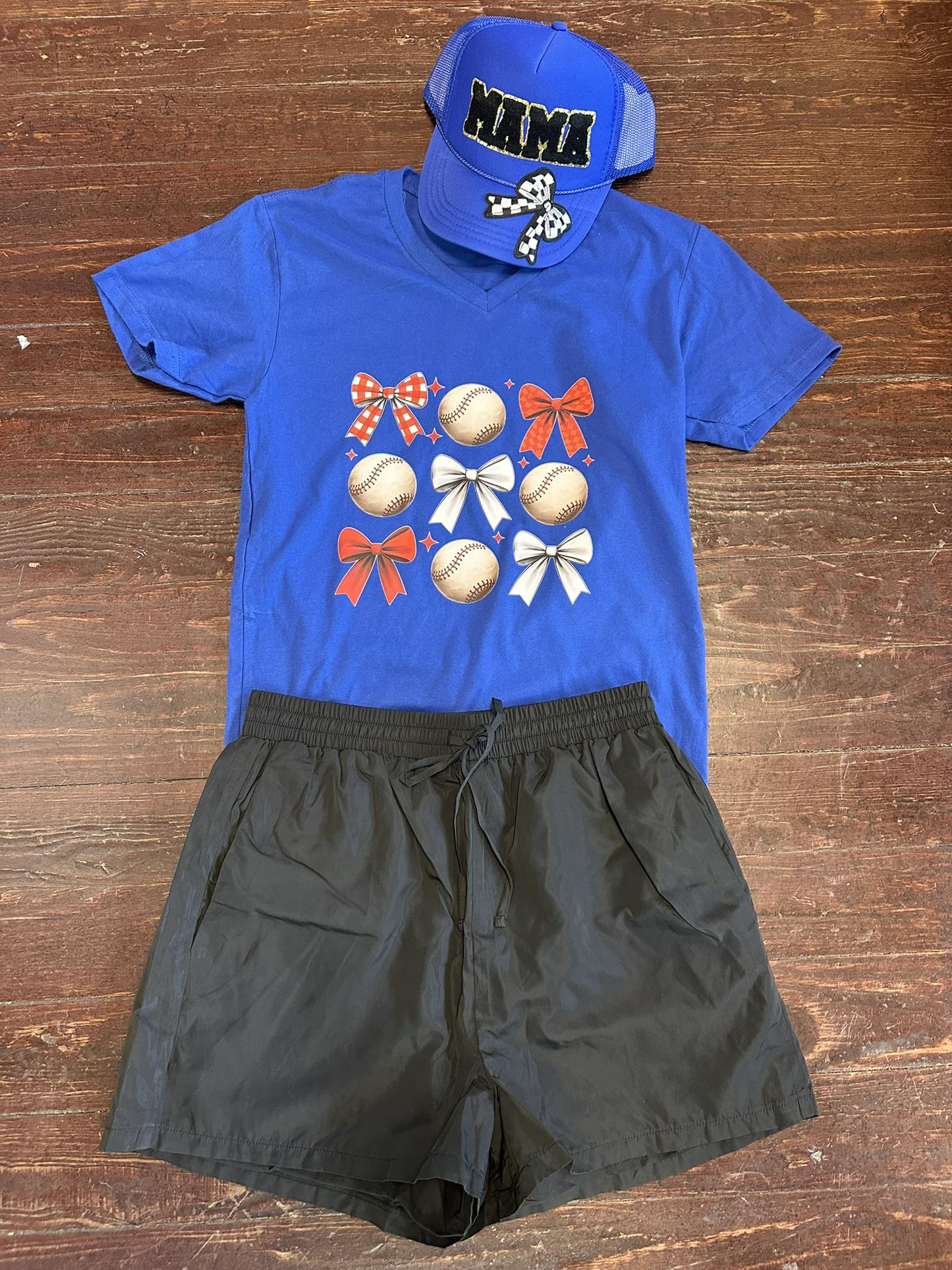 preorder GSSO2497 navy blue bows baseball short sleeve top black shorts sets Girls Boutique Outfit 202503