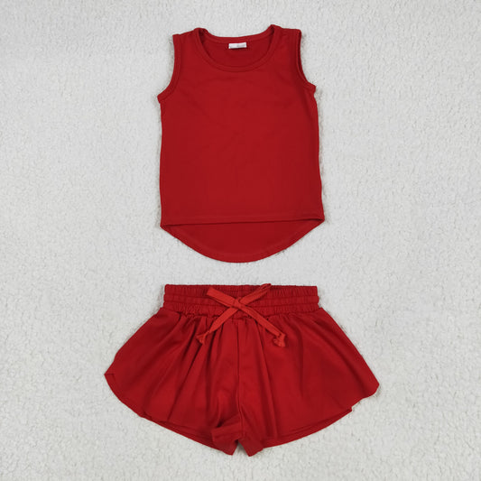 GSSO2499 Pure Red Yoga Milk Silk Sleeveless Top Shorts Set Girls Boutique Outfit 202505 RTS