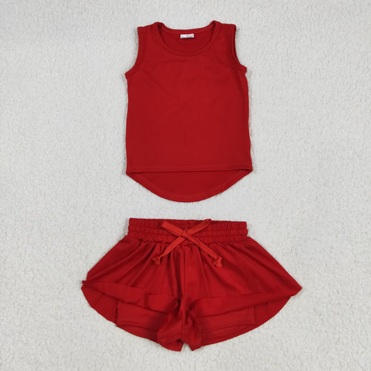 GSSO2499 Pure Red Yoga Milk Silk Sleeveless Top Shorts Set Girls Boutique Outfit 202505 RTS