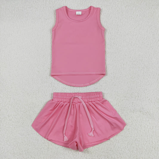 GSSO2501 Pure Hot Pink Yoga Milk Silk Sleeveless Top Shorts Set Girls Boutique Outfit 202505 RTS