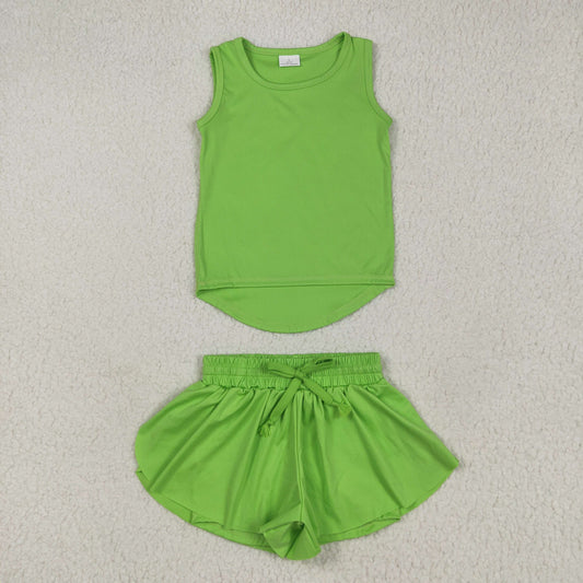 GSSO2503 Pure Green Yoga Milk Silk Sleeveless Top Shorts Set Girls Boutique Outfit 202505 RTS