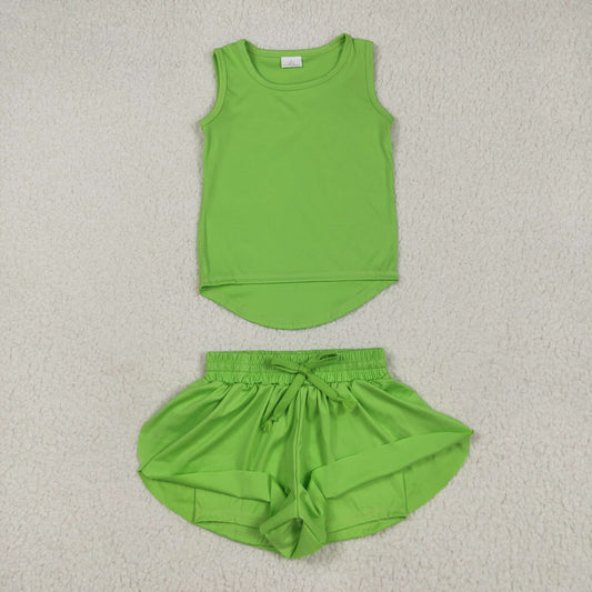 GSSO2503 Pure Green Yoga Milk Silk Sleeveless Top Shorts Set Girls Boutique Outfit 202505 RTS