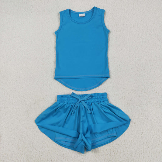GSSO2504 Pure Blue Yoga Milk Silk Sleeveless Top Shorts Set Girls Boutique Outfit 202505 RTS