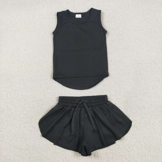 GSSO2505 Pure Black Yoga Milk Silk Sleeveless Top Shorts Set Girls Boutique Outfit 202505 RTS