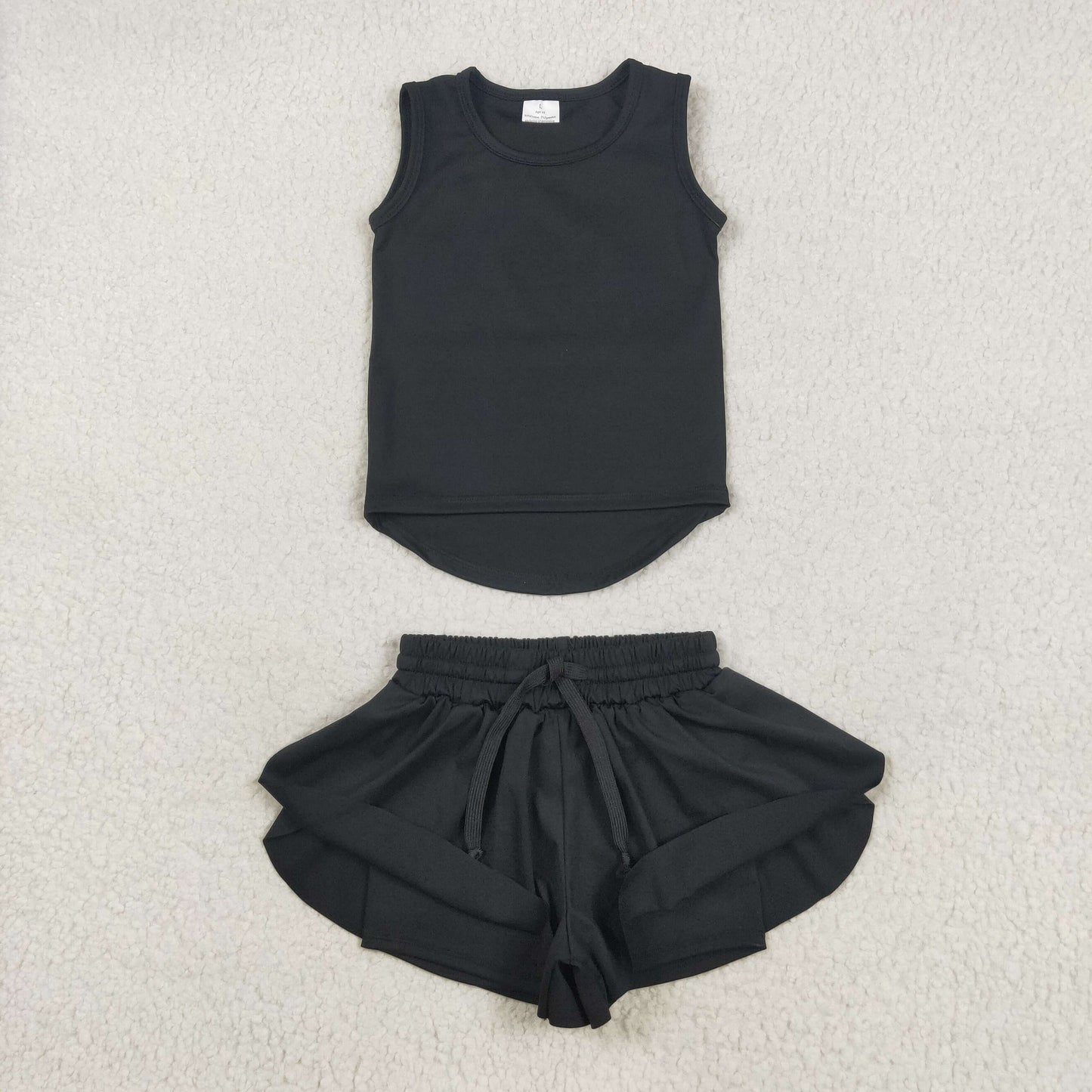 GSSO2505 Pure Black Yoga Milk Silk Sleeveless Top Shorts Set Girls Boutique Outfit 202505 RTS
