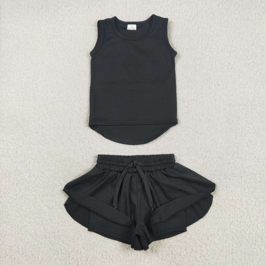 GSSO2505 Pure Black Yoga Milk Silk Sleeveless Top Shorts Set Girls Boutique Outfit 202505 RTS