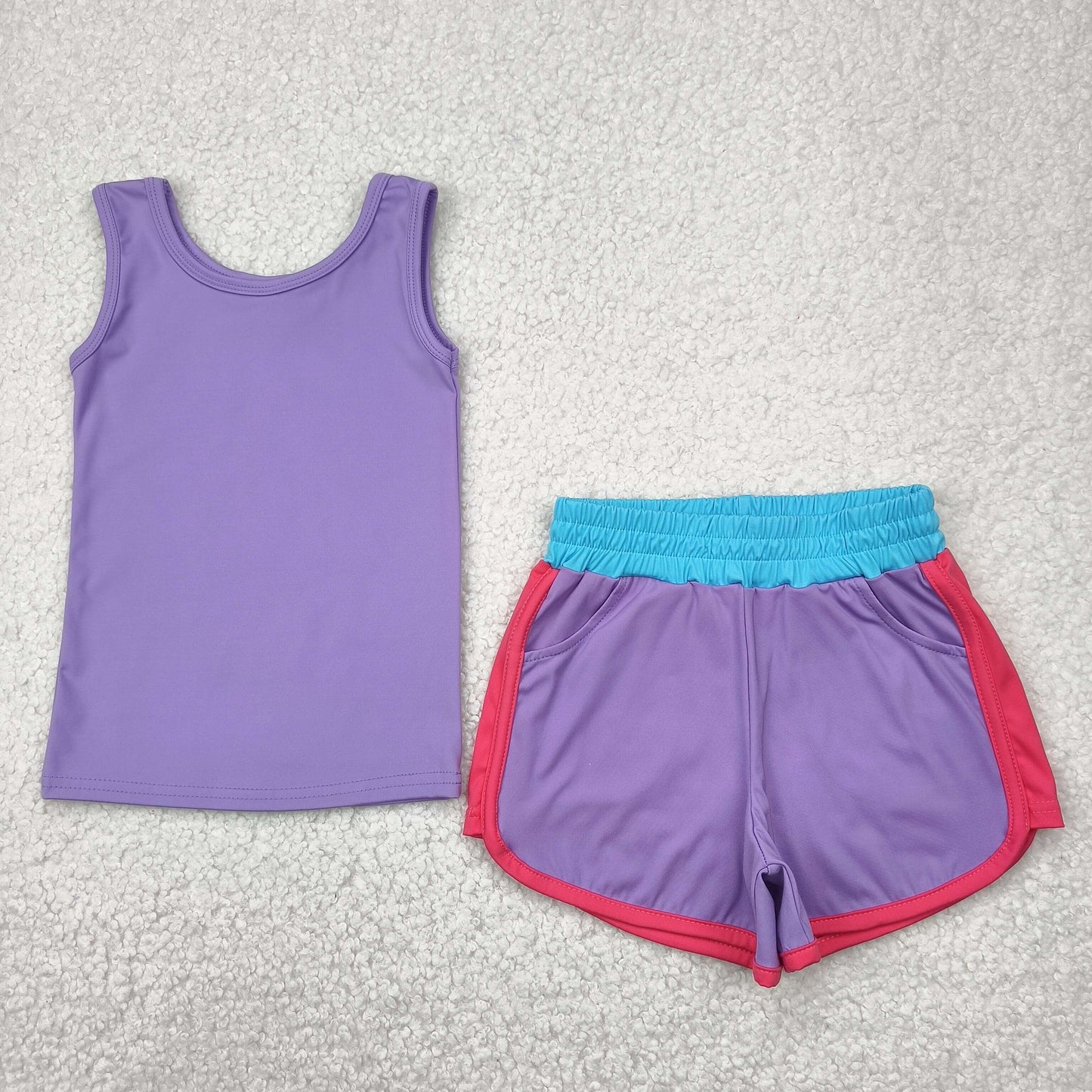 GSSO2506 Yoga outfit Purple Sleeveless top Colored shorts 2 pieces set Girls Boutique outfit 202504 RTS