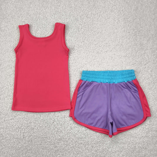 GSSO2507 Yoga outfit Rose Red Sleeveless top Colored shorts 2 pieces set Girls Boutique outfit 202504 RTS