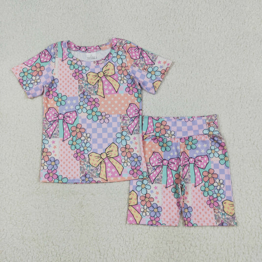 GSSO2509 colored flower bows love plaid short sleeve top shorts sets girls boutique outfits 202506 RTS