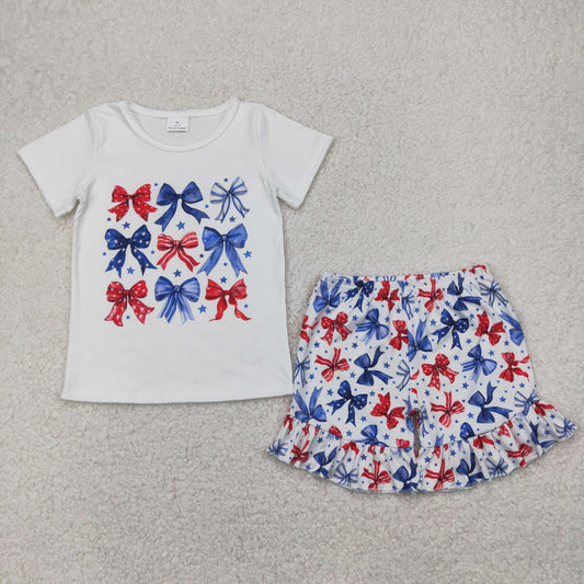 GSSO2512 4th of July Red Blue Bows Star White Short Sleeve Top Shorts Sets Girls Boutique Outfits 202504 RTS