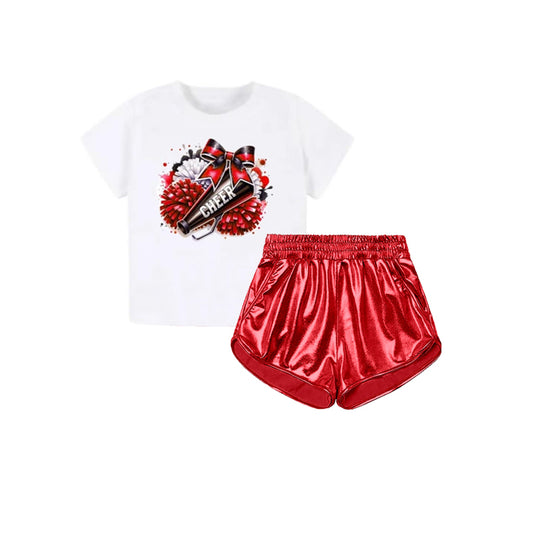 Preorder GSSO2514 4th of july white red flower bow cheers short sleeve top leather shorts set girls boutique outfit 202503