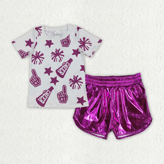 GSSO2515 4th of July white purple cheer star fireworks short sleeve top leather shorts set girls boutique outfit 202506 RTS