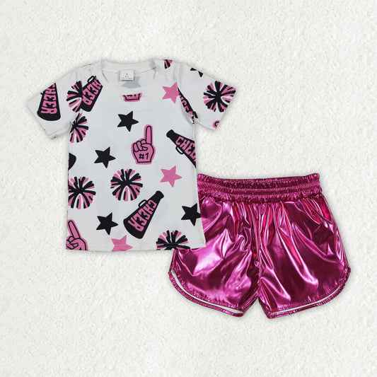 GSSO2516 4th of July white black pink cheer star fireworks short sleeve top purple leather shorts set girls boutique outfit 202506 RTS