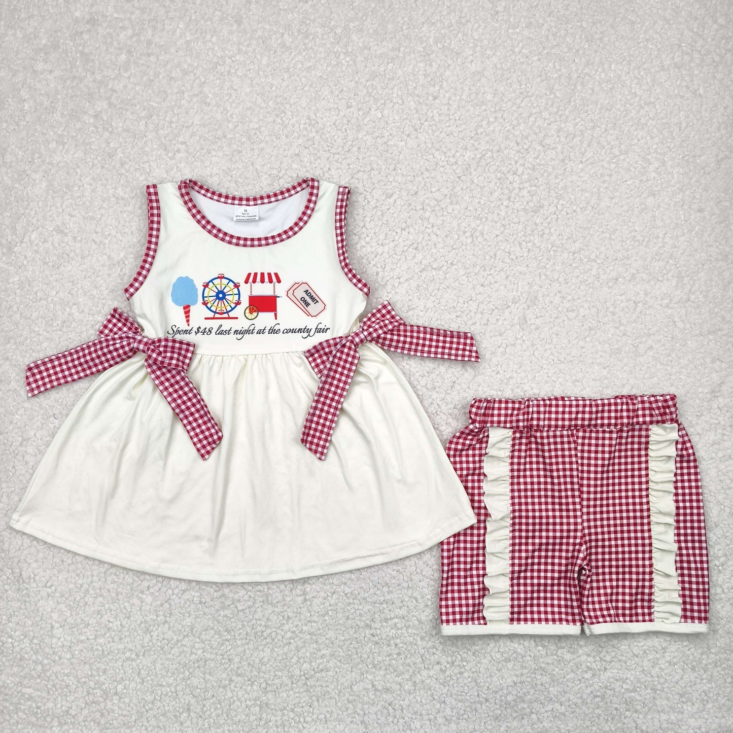 GSSO2518 letter ferris wheel beige bows sleeveless top red plaid shorts set girls boutique outfit 202504 RTS