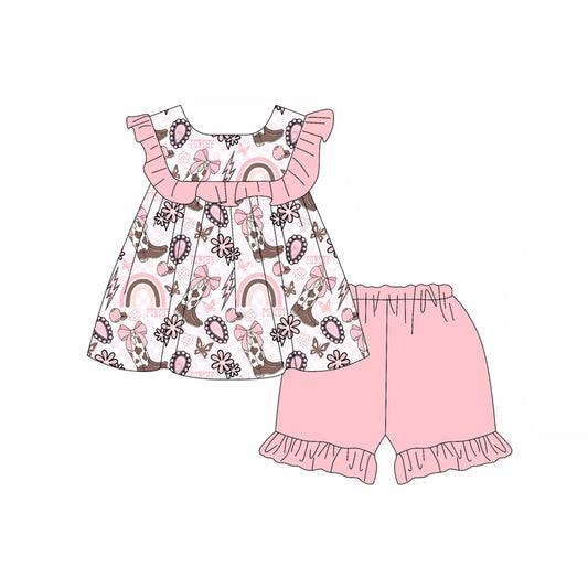 Preorder GSSO2525 pink boots flower lightning ruffle sleeveless top shorts set girls boutique outfit 202503
