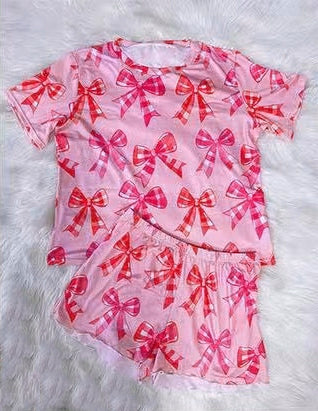 Preorder GSSO2528 rose red bows short sleeve top shorts pajamas set girls boutique outfit 202503