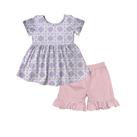 Preorder GSSO2529 purple pink ruffle short sleeve top shorts set girls boutique outfit 202503