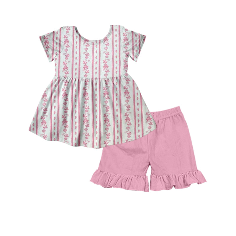 Preorder GSSO2530 pink flower striped ruffle short sleeve top shorts set girls boutique outfit 202503