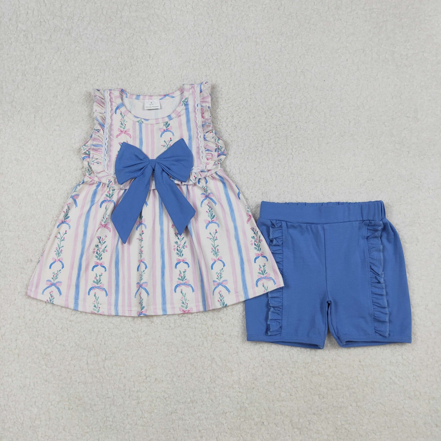 GSSO2533 flower blue big bow striped pink sleeveless top shorts girls set 202509 RTS