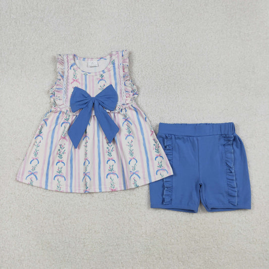 GSSO2533 flower blue big bow striped pink sleeveless top shorts girls set 202509 RTS