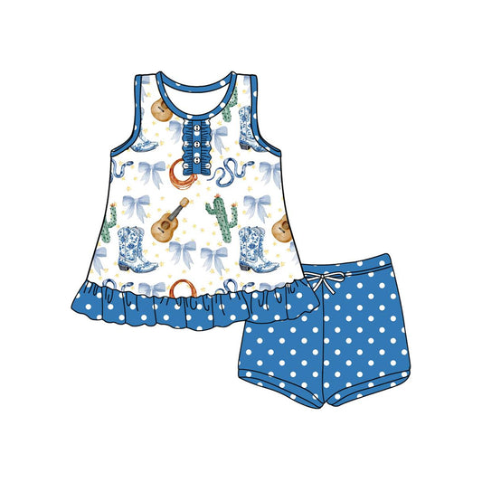 Preorder GSSO2535 blue bows dot boots sleeveless top shorts set girls boutique outfit 202503