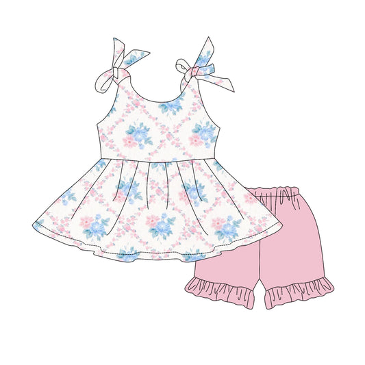 Preorder GSSO2537 pink blue flower ruffle sleeveless top shorts set girls boutique outfit 202503