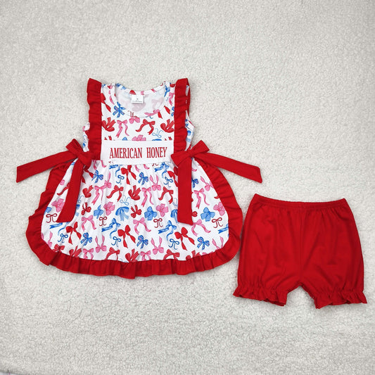 GSSO2538 4th of July american honey red ruffle sleeveless top shorts set girls boutique outfit 202503