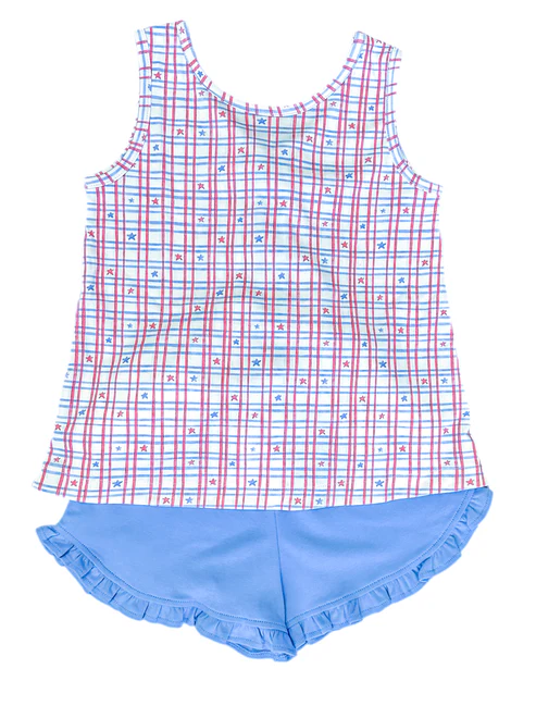 preorder GSSO2539 4th of July Red Blue Plaid Star Sleeveless Top Blue Shorts Sets Girls Boutique Outfits 202503