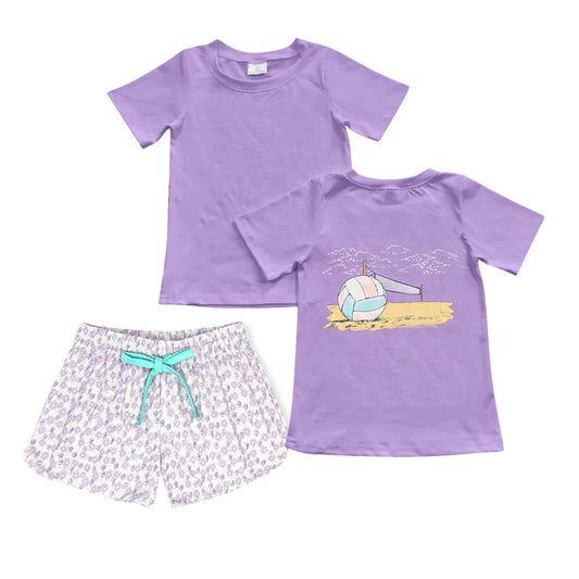 preorder GSSO2541 Volleyball Purple Short Sleeve Top Flower Shorts Sets Girls Boutique Outfits 202503