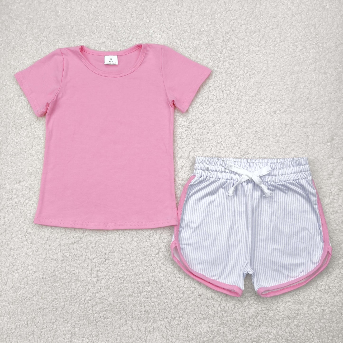 GSSO2543 Pink Short Sleeve Top Stripe Shorts Sets Girls Boutique Outfits 202504 RTS
